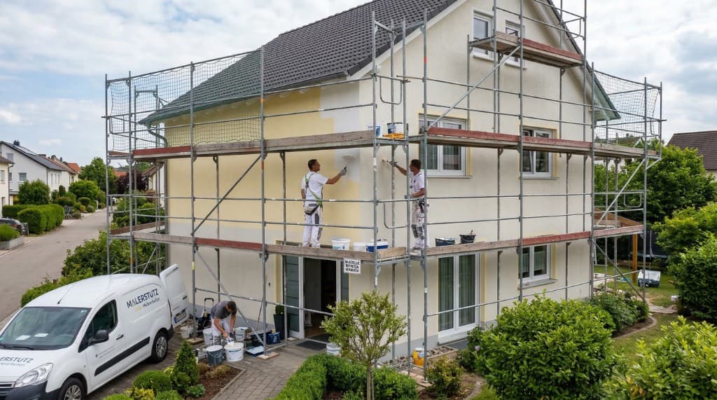 Maler Stutz: Aussenanstrich eines Einfamilienhauses mit Gerüst, Malerteam in Arbeitskleidung und Firmenwagen