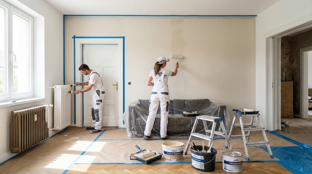 Zwei Malerprofis in Arbeitskleidung beim Innenanstrich: Wand mit Farbroller, Heizkörper mit Pinsel, sorgfältig abgeklebt und mit Bodenschutz