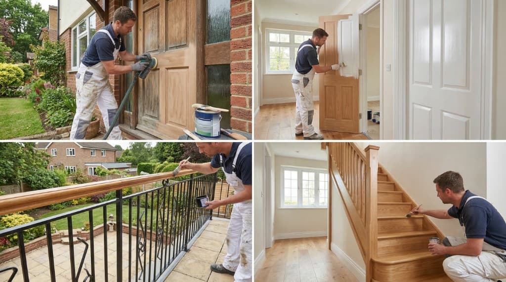 Lackierarbeiten an Tueren, Gelaender und Treppe im Innen- und Aussenbereich