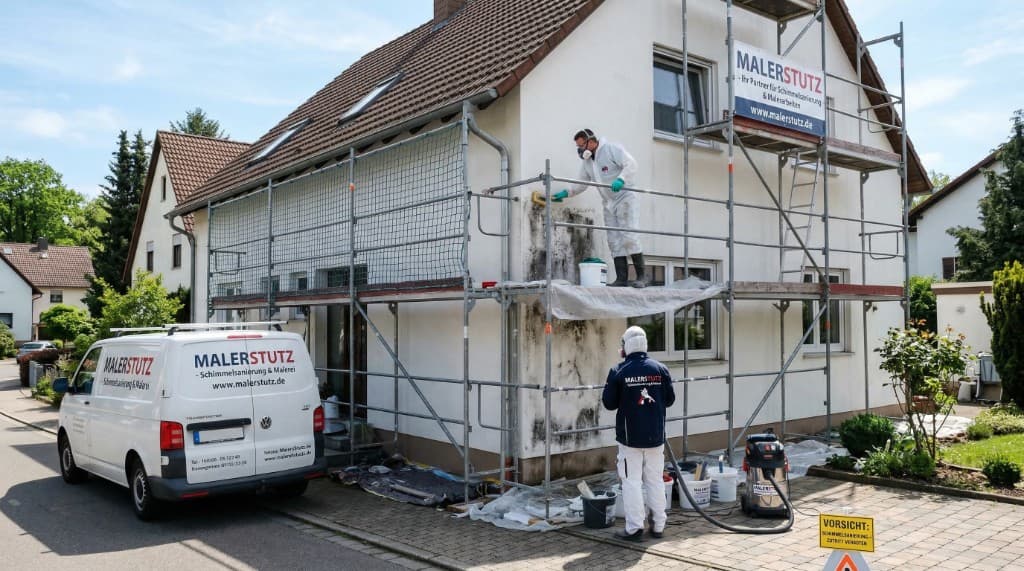 Maler Stutz bei der Schimmelsanierung an einer Hausfassade: Team mit Schutzausrüstung, Gerüst, Firmenwagen und Sicherheitshinweis